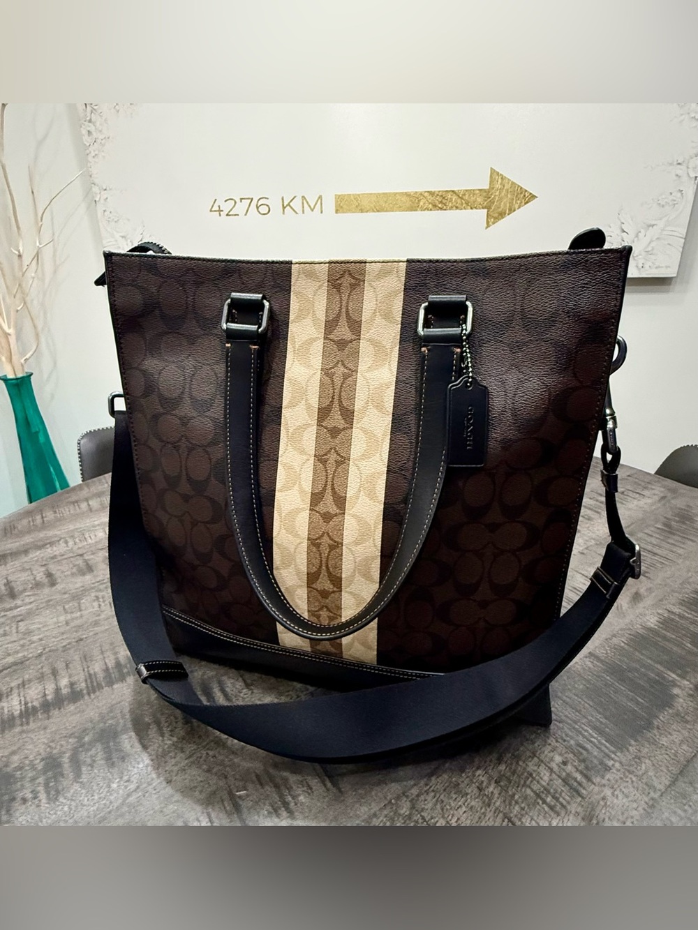 Coach Brown Signature Stripe Tote with Beige Center Stripe